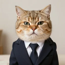 photo of a cat with a snarky smile and wearing a suit