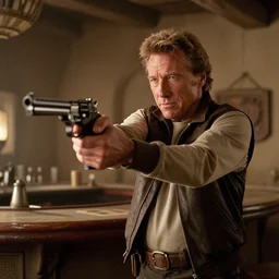 film still of clint eastwood aiming a colt handgun in star wars. inside tatooine bar. 4 k