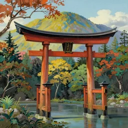 Japanese Torii in a colorful moutain with beautiful trees ,morning , by studio ghibli painting, superior quality,by Joaquin Sorolla rhads Leyendecker, by Ohara Koson and Thomas Kinkade, masterpiece,  traditional Japanese colors, by Grzegorz Rutkowski, concept art