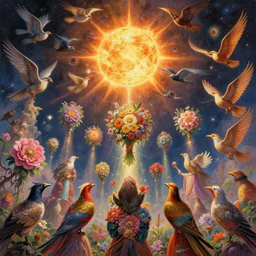 an epic fantastic realism comic book style painting depicting the summoning rituals of glorious birds where the most beautiful flowers launched into space, 1 0 0 mystical eyes circling the sun like birds, bouquets, solar eclipse, 8 k, ultra realistic, lens flare, atmosphere, glow, detailed, intricate, full of colour, cinematic lighting, trending on artstation, 4 k, hyperrealistic, focused,