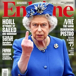 the queen of england making a rude gesture, lifting her middle finger, flipping the bird, in a magazine cover photo.