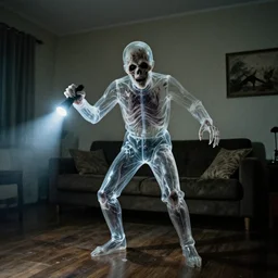 transparent horror monster living room interior photo, dynamic pose, full body shot, sharp focus, grainy, corpse, paranormal flashlight, 8 5 mm, iso