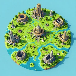 Environment map of a large dystopia island with ruins of a past civilization, bold complementary colors, cartographic