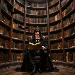massive library, dracula sits alone reading, bats, franklin booth
