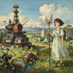 A beautiful landscape painting of steampunk landscape by Alfons Maria Mucha and Julie Dillon and Makoto Shinkai