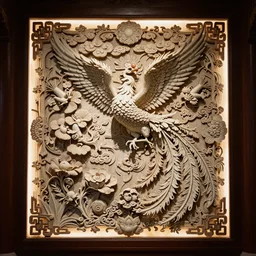 phoenix in intricate beautiful composition masterpiece big ivory carving, backlit, chinese ornaments, detailed photo, guangzhou chen's clan academy, soft dramatic lighting