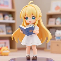 full body portrait of a happy blonde nendoroid anime girl with long hair, in a cute dress, reading a book, nicoletta ceccoli, mark ryden, lostfish, depth of field, detailed store environment as background, 8 k resolution, hyperrealistic, octane render