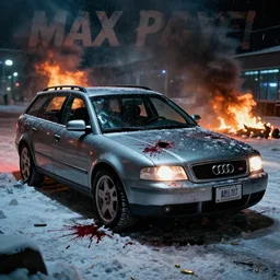 Audi A4 B6 Avant (2002), a gritty neo-noir, dramatic lighting, cinematic, eerie person, death, homicide, homicide in the snow, viscera splattered, gunshots, bullet holes, establishing shot, extremely high detail, photorealistic, fire, arson, cinematic lighting, artstation, by simon stalenhag, Max Payne (PC) (2001) winter New York at night, In the style of Max Payne 1 graphic novel, flashing lights, Poets of the Fall - Late Goodbye