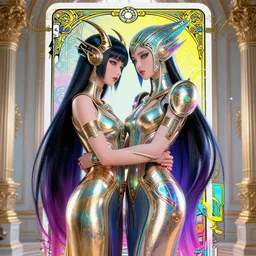 elden ring empress demon and ethereal cyberpunk queen embracing each other, innovative avant - garde art, deco fashion, asian women, photorealistic portrait, vaporwave, crisp quality and light reflections, inside a rococo room, transcendent, vibrant color, clean linework, finely detailed, tarot card with ornate border frame, by yoshitaka amano, hiroshi yoshida 4 k, trending on artstation, volumetric lighting, octane render