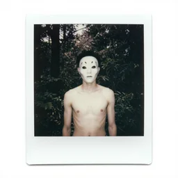 a ruined polaroid of a man without clothes with a weird mask standing in front of a forest, black and white, hyperrealistic