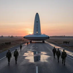 cargo spaceship on the highway, soldiers army walking, sunrise, puddles of water, by jakub rozalsky and simon stalenhag