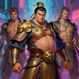 attractive beefy male with armor, ming dynasty, character design, colorful, neon lights, cyberpunk, painting by gaston bussiere, craig mullins, j. c. leyendecker, tom of finland