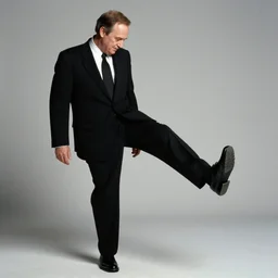 2 0 0 5 john lasseter of pixar is wearing a black suit and necktie. he is standing on one leg and looking down at the sole of his shoe.