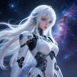 photo of a android girl on a mothership, warframe armor, beautiful face, scifi, nebula, futuristic background, galaxy, raytracing, masterpiece, ethereal, beauty, long white hair, blue cyborg eyes, anime, flow, 8 k high definition, insanely detailed, intricate, innocent, art by akihiko yoshida, antilous chao, woo kim