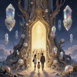 a symmetrical!!! delicate and breathtakingly beautiful mtg illustration by charles vess, rebecca guay and kawase hasui of a large group of people entering the glowing doorway of a massive vulva - shaped temple constructed of tree trunks, carved iridescent pearls and house - sized crystals of smooth and organic architecture floating in the astral plane