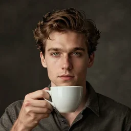 a man with a cup of coffee instead of a head,