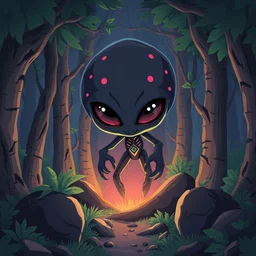an illustration of a alien in the darkness woods, trending on artstation, central composition, very cartoon, shape focus, high detailed, by anton fadeev, cute kawaii