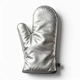silver oven mitt, photorealistic, isolated on a pure white background, centered, entire object in frame, sharp focus, soft studio lighting