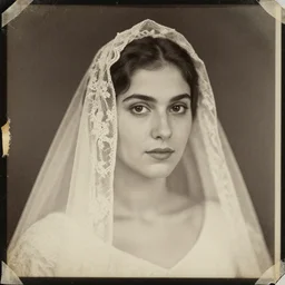 portrait of young beautiful lady in veil, old vintage photography, damaged photo, archive, film artifacts, scratches, tears, grainy, hyperrealistic, high quality, ultra detailed, 4 k