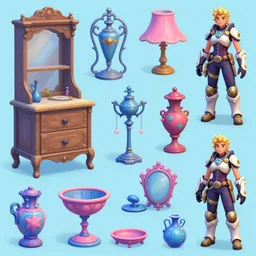 game asset of the sims antique furniture and decorations, in gouache detailed paintings, props, stylized, 2 d sprites, kitbash, arcane, overwatch, blue and pink color scheme, 8 k, close up