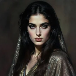 portrait of gorgeous iranian girl of the feywilds, beautiful face, strong line, muted colors, shimmering clothing, moody lighting, high contrast, by brom, by john anster fitzgerald, by frank frazetta