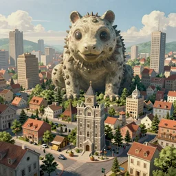 a weird town city places with a giant weird animalsimon stalenhag, high detail, digital art, realistic, trending on artstation
