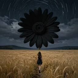giant black daisy flower as a face, girl walking in wheat field, hills, surreal photography, dark night, star trails, dramatic light, impressionist painting, clouds, digital painting, artstation, simon stalenhag