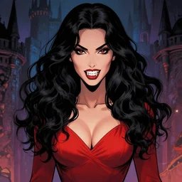 artgerm, joshua middleton comic cover art, pretty megan fox vampire sharp teeth, red dress, symmetrical eyes, symmetrical face, long curly black hair, dark castle background background, cinematic lighting