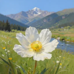 beautiful painting of an perfect flower in a meadow in a river landscape in front of a mountaineous background, sunny day, blue sky, digital painting, ambitious lights, greg rutkowski