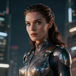 VFX movie closeup portrait of a futuristic inhuman alien hero woman in spandex armor in future city, hero pose night lighting by Emmanuel Lubezki