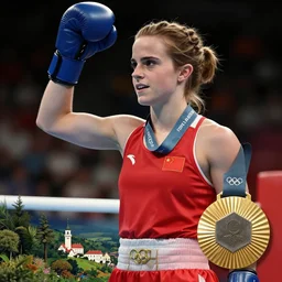 Emma Watson as an Olympic boxer, celebrating after winning a gold medal
