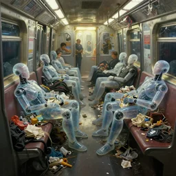 cyberpunk detail painting of subway car full of garbage with sleeping translucent humanoid robots, dramatic lighting, strong realistic volumetric lighting, strong subsurface scattering, back lighting, image from new scifi movie from digital domain, paint by daniel spoerri, by stan stalenhag