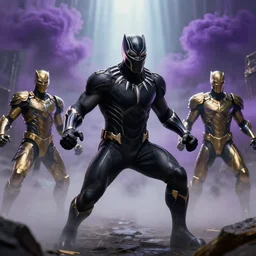 black panther king fighting guards + purple clouds empire, built of gold and metal, photorealistic 3 d render, hyper details, foggy mysterious, emotional rays, cinematic lights