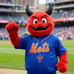 the new NY Mets mascot Evil Met - looks like a cross between mr. met and satan