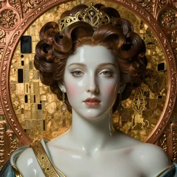 face centered portrait, artwork by james jean, hyperdetailed realistic smooth polished porcelain, beautiful romani queen, jean delville, art nouveau, gustav klimt, ornate copper patina gothic icon, james jean, ultrasharp hyperdetailed photorealistic octane render