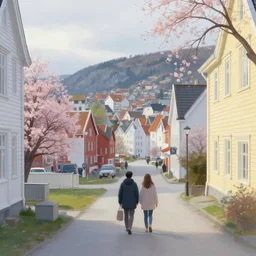 i walk in bergen, norway. volumetric lighting, spring, early morning, overcast weather, realistic illustration, perfectly shaded, soft painting, art by krenz cushart and wenjun lin