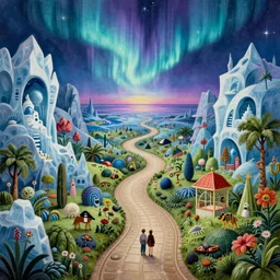 a whimsical elite masterpiece mysterious sci - fi fantasy realism matte painting of a winding path through arctic dream worlds with surreal landscape and horizon inspired by heironymous bosch's garden of earthly delights, surreal ice interiors by asher durand and cyril rolando and natalie shau, insanely detailed and intricate, elegant, northern lights, synthwave