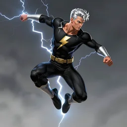 action shot of a comic book superhero black uniform with a lightning emblem on his chest, silver hair lightning, silver armbands and shin guards, flying, lightning, epic, highly detailed, well composed in the style of john byrne