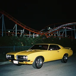 a 1 9 6 6 pontiac gto parked next to shivering timbers rollercoaster, night photo, fujifilm quicksnap 4 0 0 photography