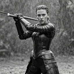 black and white scarlett johansson wearing rain soaked armour in the pouring rain, swinging a sword in frank frazetta style, pencil and ink, full body action pose, dynamic lighting in a post apocalyptic city, at night with dramatic moonlight, drawn with added movement effects, cinematic effects vfx - n 9