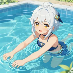 An illustration of a single teenager girl as Genshin Impact, short white hair, light skin, playing at swiming pool, digital painting, game promotional poster, highly detailed, sharp focus, art by Yabuki Kentarou, trending on Pixiv.