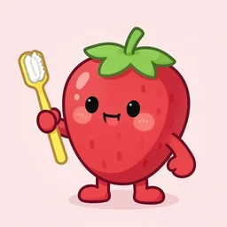 a cute strawberry character with two front teeth, holding a yellow toothbrush, in the style of tara mcpherson