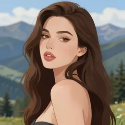 sexy girl with long brown hair and luscious lips, scenic view, mountain landscape, artstyle : high quality anime and ilya kuvshinov