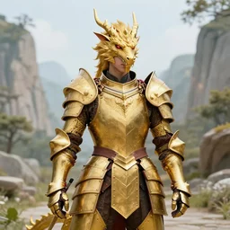 a portrait of a golden dragonborn in plate armor in a scenic environment by yuumei