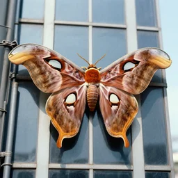 vintage photo of a colossal atlas moth on the side of a skyscraper, wings spread