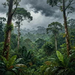 A beautiful painting of an areal view of an Amazonian jungle with tall trees and dense foliage, heavy rain falling from dark clouds, Trending on artstation, 4k