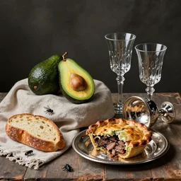 still life by willem claesz heda, avocados, bread, linen, a fly, silver, leftover meat pie, overturned chalice, surreal glass goblets,