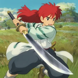 a warrior with long red hair quickly swinging her sword in a full arc, dynamic, detailed, anime, studio ghibli