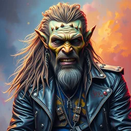 a medium shot of willem dafoe as a scifi post apocalyptic orc biker, psychedelic vibrant colors, futuristic punk rock fashion, oil painting by michael whelan art, sharp focus, realistic, highly detailed, long hair, studded leather jacket, 8 k