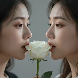 hight focus of a wonderful realistic sweet wonderful symmetrical profile portrait of a lady with a clear skin she is eating a realistic white rose, dramatic light, cinematic, artstation, octane render 8 k s 1